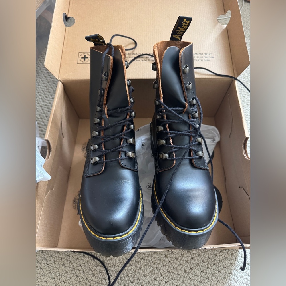 Dr. Martens Leona Black Leather Hook Lace-Up Platform Boots
